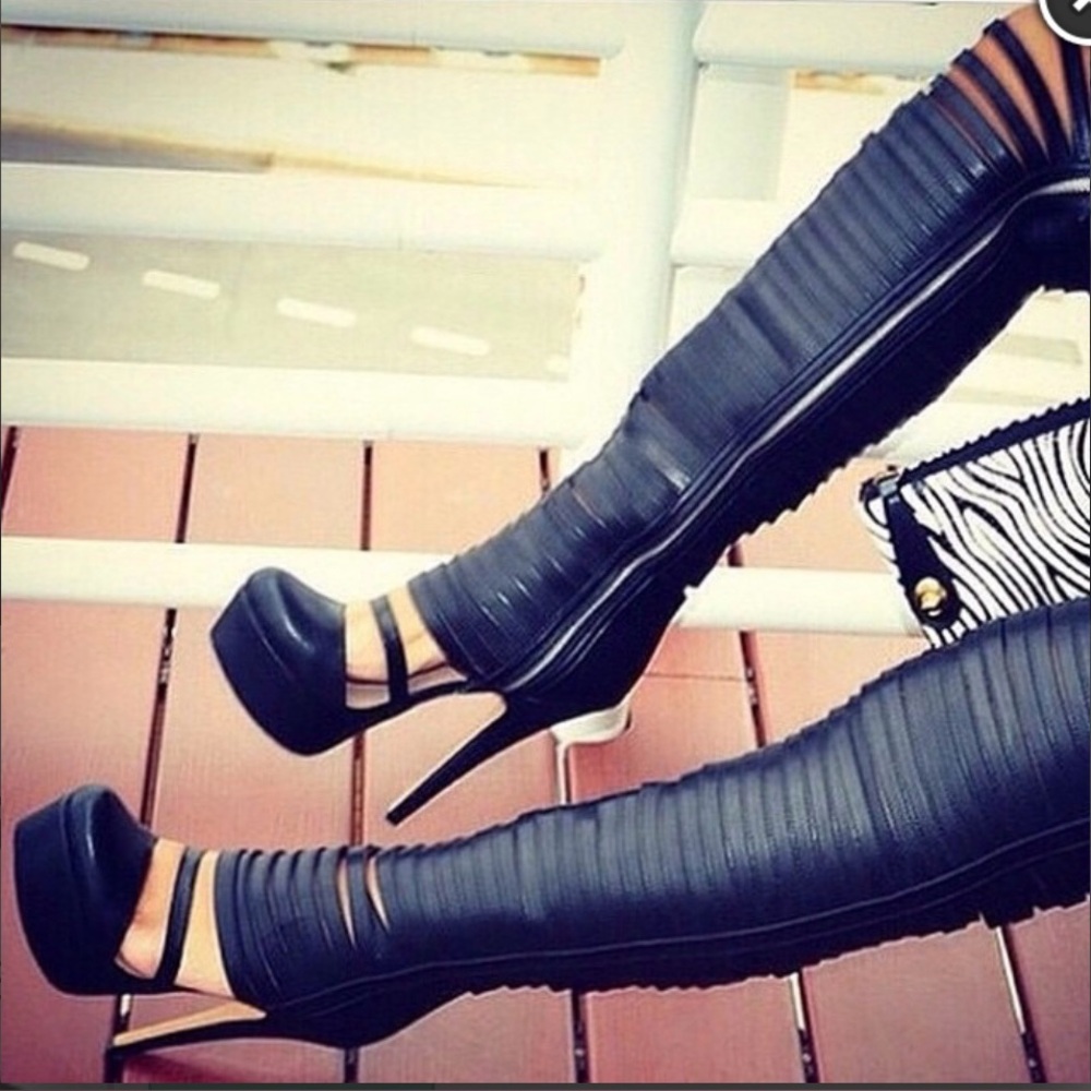 Women's Black Gladiator Thigh High Platform Boots 7.5